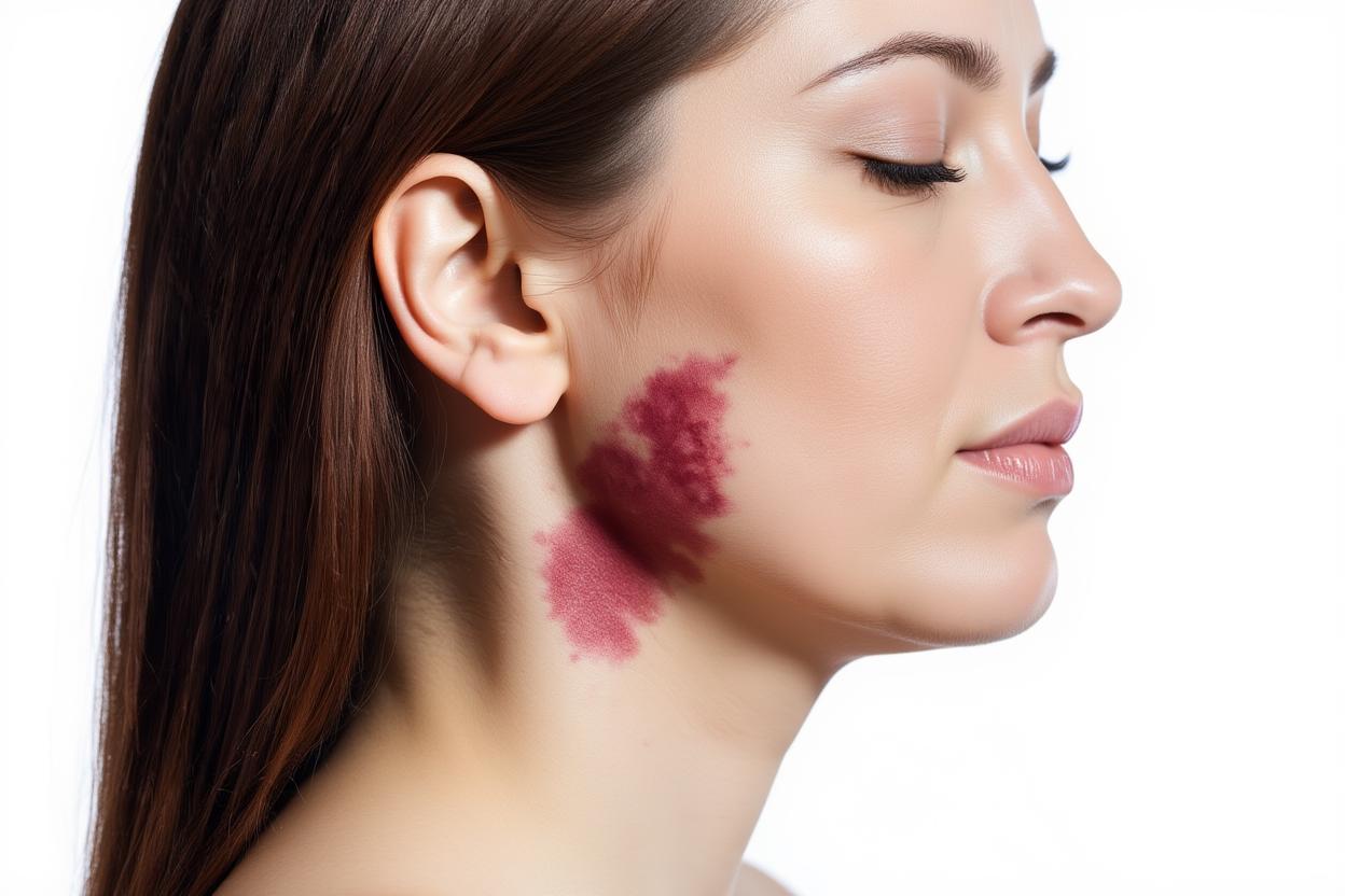 כתם יין (Port Wine Stain): טיפול בלייזר בכתם הלידה הוורוד כתם יין על הלחי והלסת של אישה, כתם לידה כלי דם אדום-סגול