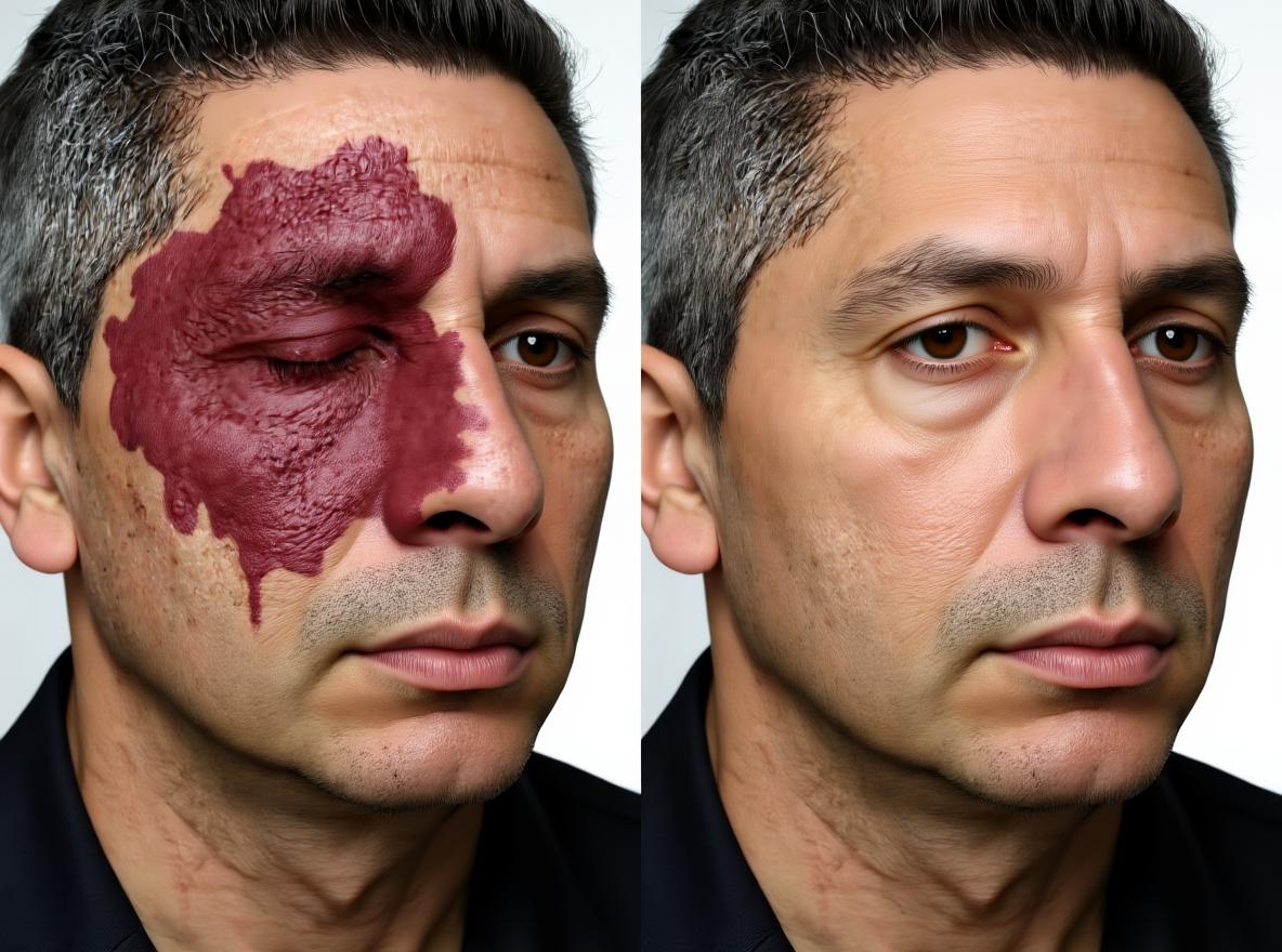כתם יין (Port Wine Stain): טיפול בלייזר בכתם הלידה הוורוד כתם יין לפני ואחרי טיפול בלייזר PDL בפנים, דהיית כתם הלידה
