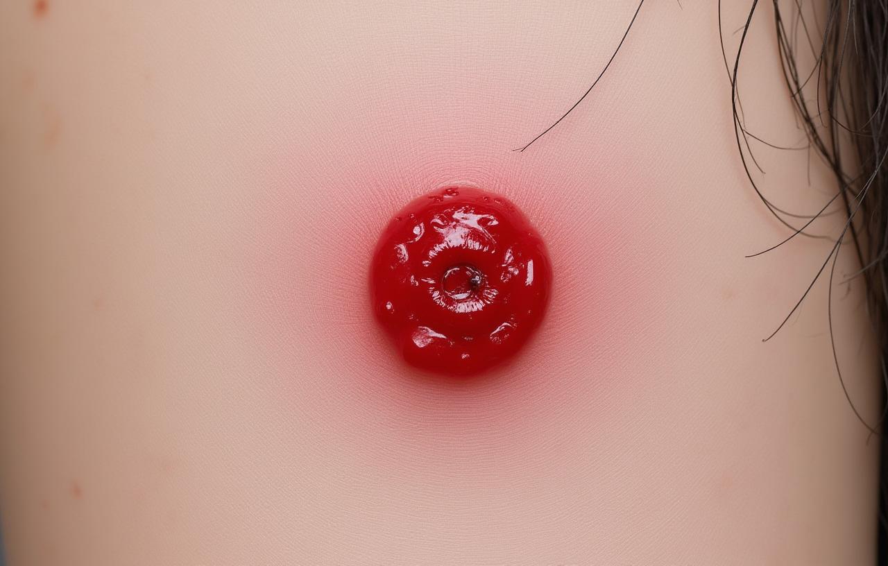 שחין, מורסות וסחור (stye): זיהומי עור והטיפול בהם תקריב קליני של שחין (furuncle) בודד אדום ונפוח על עור עם ראש מרכזי קטן